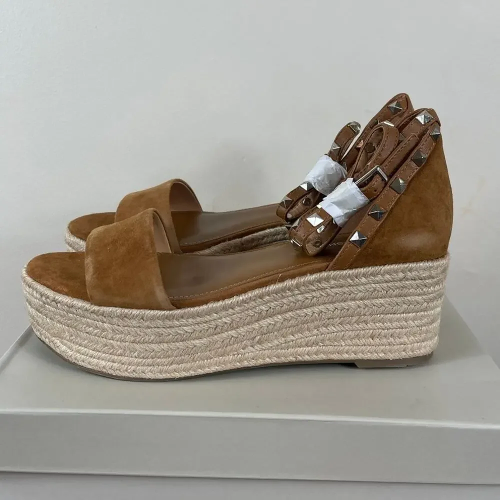 Marc Fisher Jazlyn Studded Espadrille Wedge Sandal Brown Suede Women's Size 8.5
